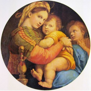 Raffaello Sanzio: Madonna della seggiola, Firenze Palazzo Pitti (diam. 71 cm.).